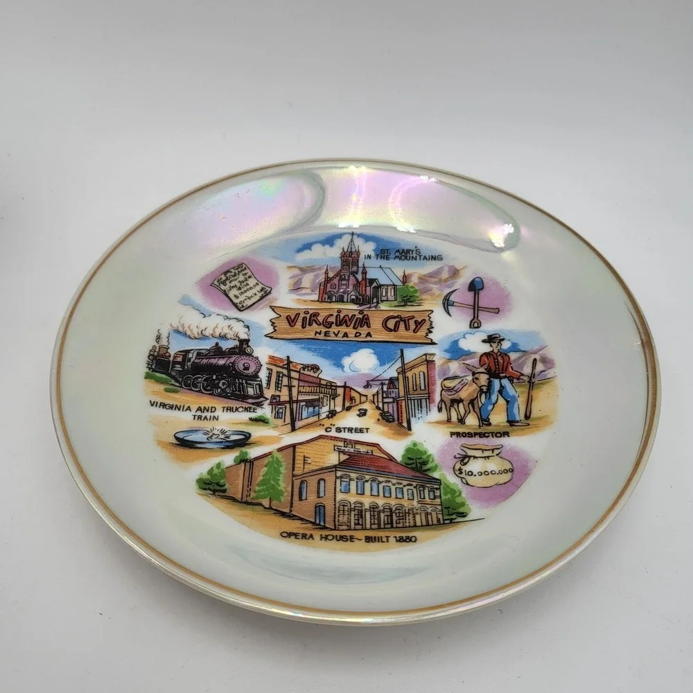 Vintage Souvenir Tea Cup & Saucer Iridescent Virginia City Nevada Prospector